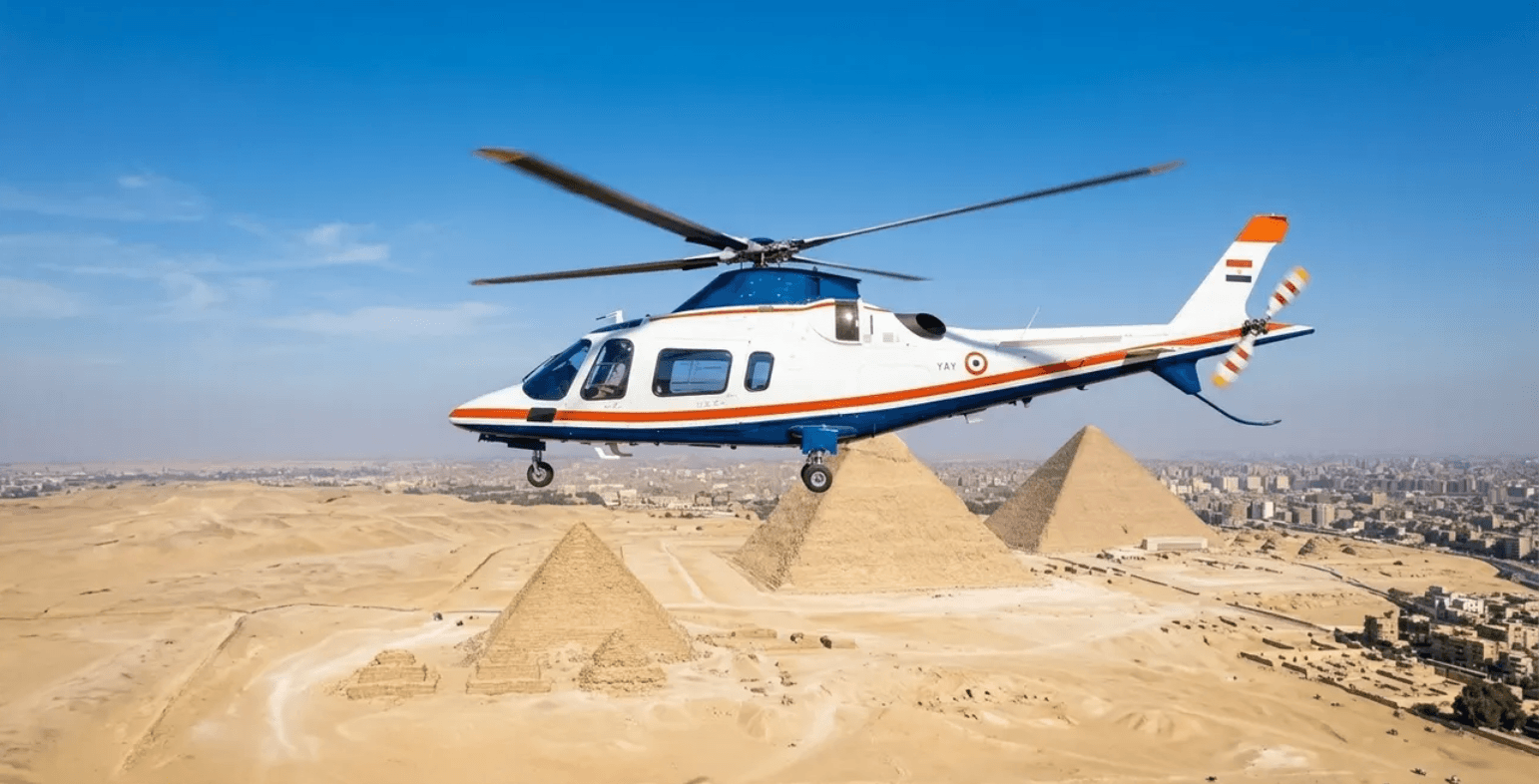 Golden hour helicopter flight over Cairo